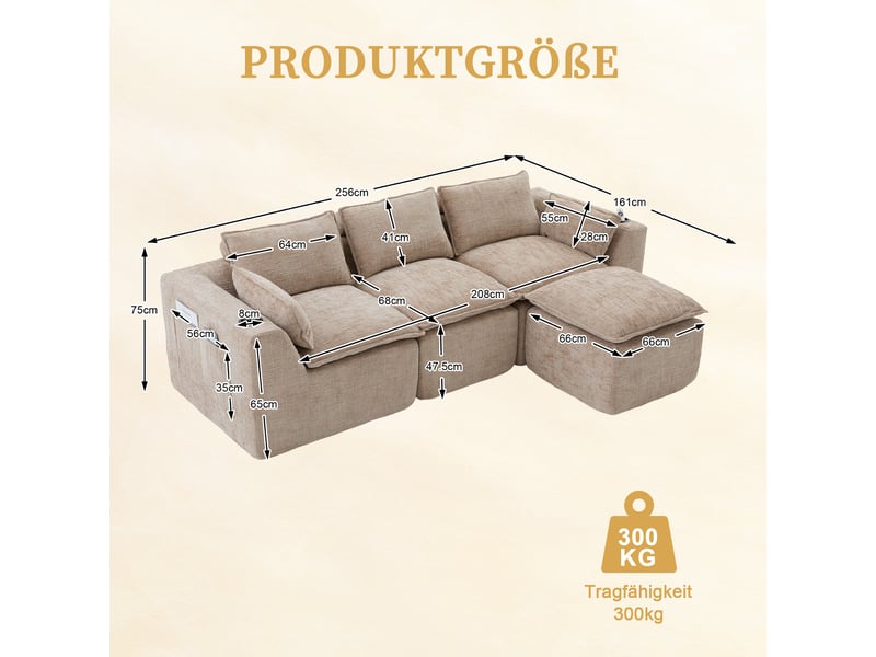 Canapé modulable compression d'angle en l,256x161x75cm,velours côtelé,canapé 3 places avec pouf,porte-gobelets,poches latérales,sans montage,kaki - Conforama C
