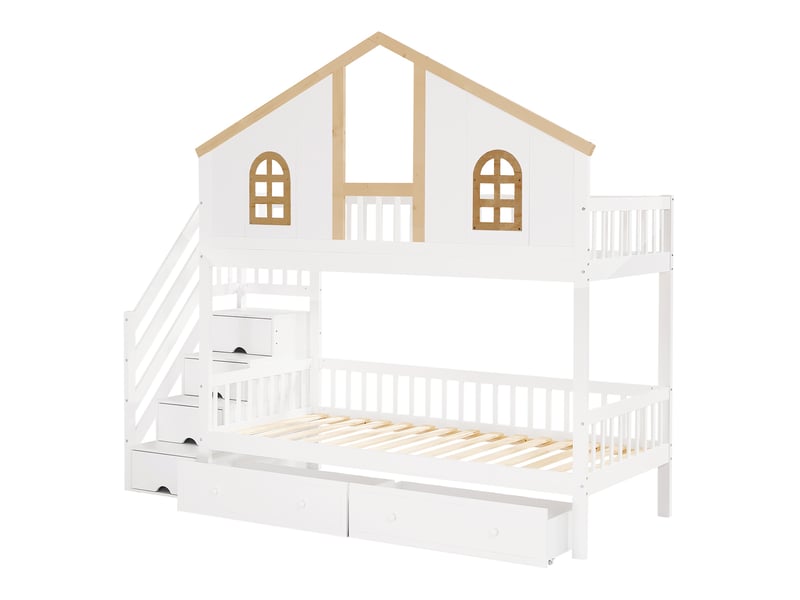  Lit superposé enfant 90x200 cm, lit cabane avec escalier de rangement, 2 tiroirs, fenêtre et barrière de sécurité, en bois de pin et mdf, blanc  - Conforama A