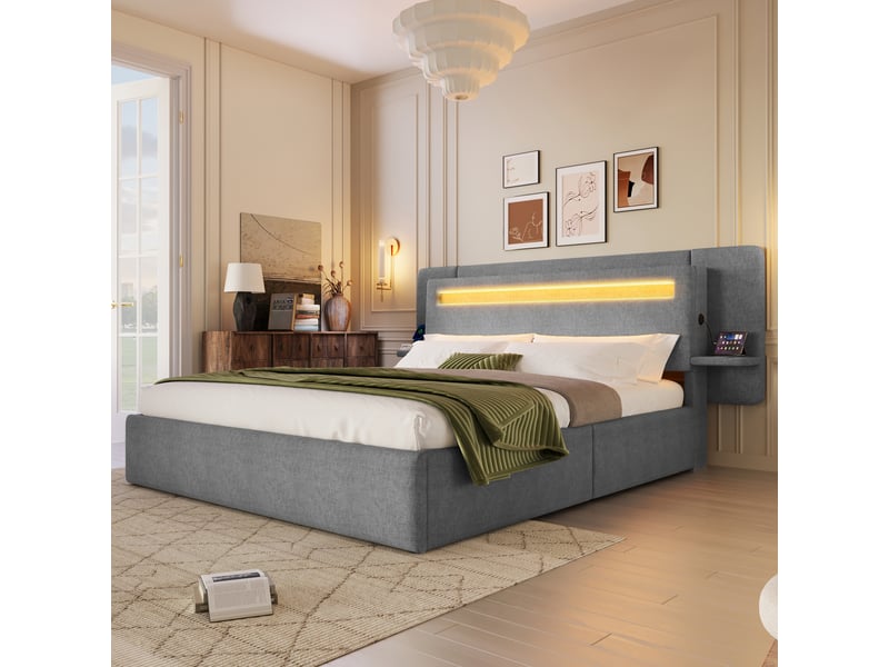  Lit coffre capitonné 140 x 200 cm - avec rangement coffre - table de chevet, port usb et led - mdf + lin - gris (sans matelas)  - Conforama B