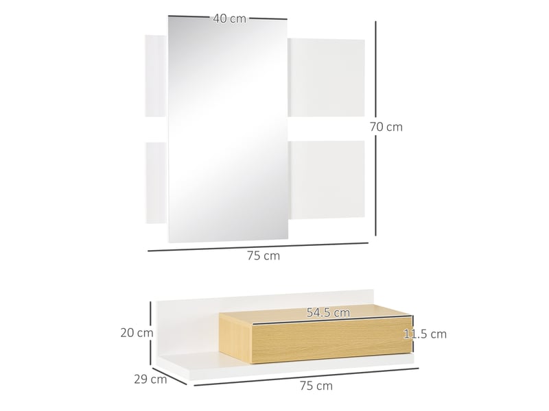  Ensemble de meubles d'entrée avec miroir et tiroir, mobilier moderne en bois avec miroir de 40 x 70 cm, fixation murale  - Conforama E