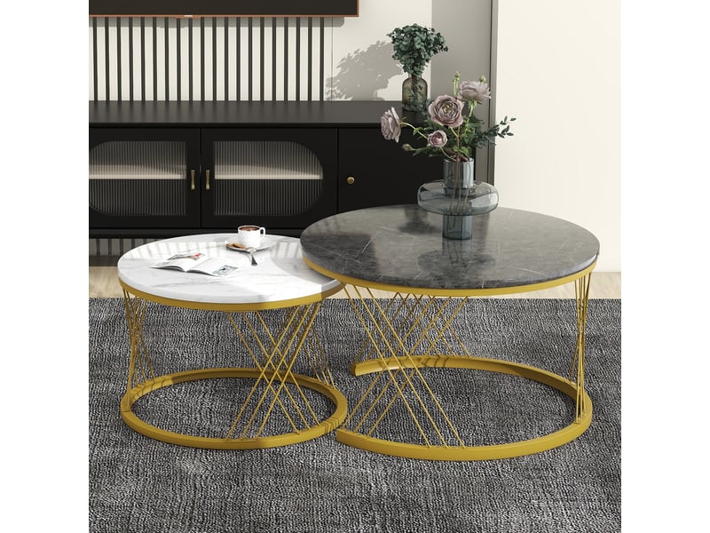 Tables basses gigognes rondes avec plateaux aspect marbre et pieds réglables, mdf gris - Conforama B