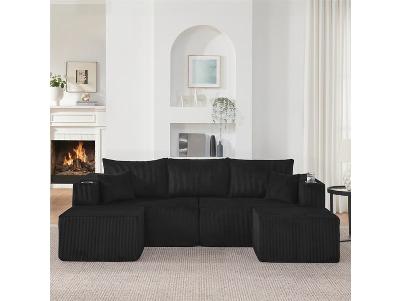  Canapé d'angle modulable - 230x138x75cm - canapé 3 places en velours côtelé avec 2 poufs amovibles et porte-gobelets - noir  - Conforama B