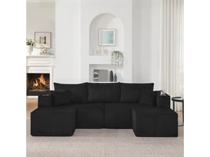 Canapé d'angle modulable - 230x138x75cm - canapé 3 places en velours côtelé avec 2 poufs amovibles et porte-gobelets - noir