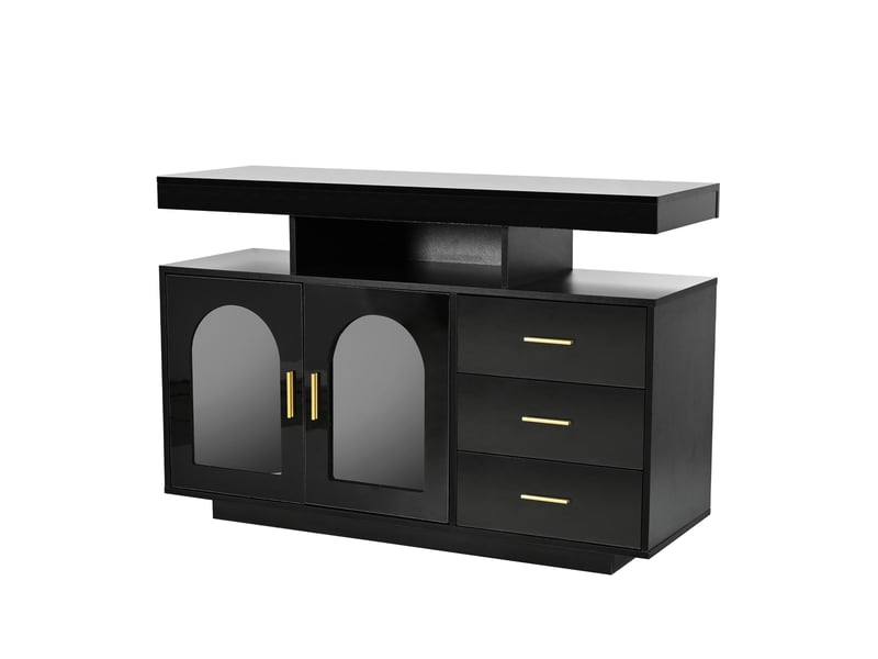  Buffet de salon 140x40x65 cm, commode moderne avec bandeau lumineux led, meuble de rangement avec 3 compartiments et 4 portes  - Conforama C