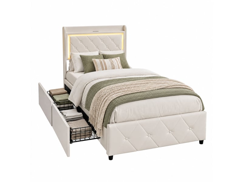  Lit simple de rangement 90×200 cm, avec 2 tiroirs de rangement, cadre de lit revêtu de velours, tête de lit avec éclairage led rgb et port usb type-c, beige, matelas non inclus 250616WXL0301#ADHW0eLaN1FRHF - Conforama A
