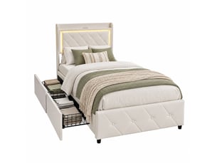 Lit simple de rangement 90×200 cm, avec 2 tiroirs de rangement, cadre de lit revêtu de velours, tête de lit avec éclairage led rgb et port usb type-c, beige, matelas non inclus