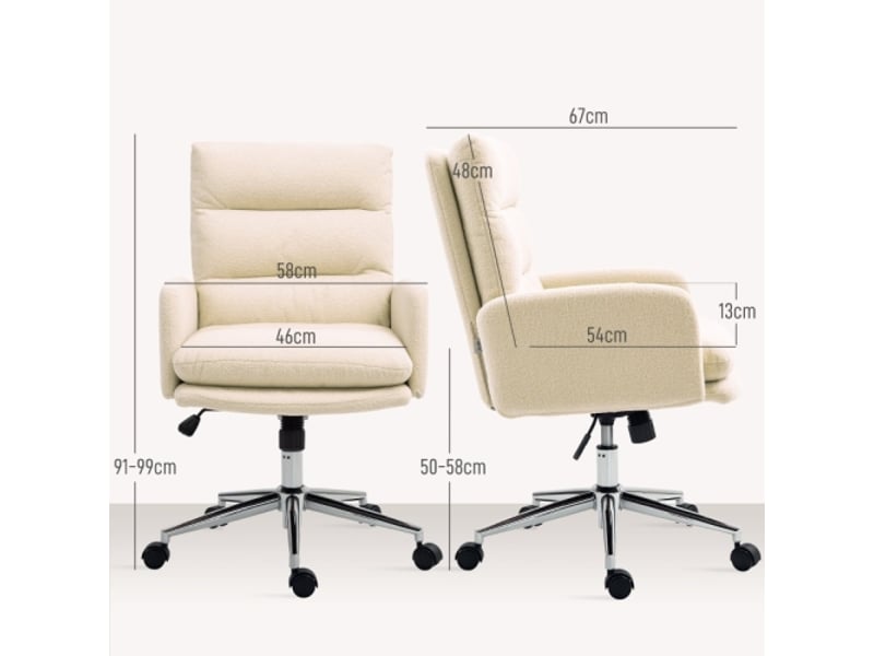  Chaise de bureau ergonomique en fausse laine crème, accoudoirs, inclinable, rembourrée, réglable en hauteur  - Conforama C