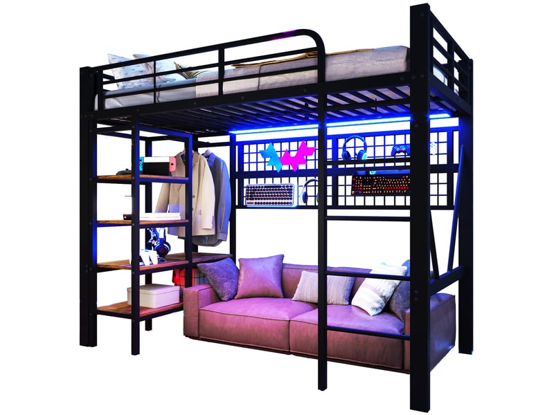  Lit mezzanine enfant 90x200cm, avec éclairage led, niche, filet de rangement, tringle à vêtements, espace ouvert, structure en métal, noir evarich - Conforama A