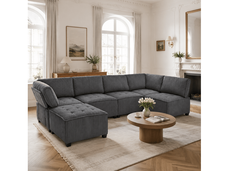 Canapé d'angle modulable convertible 6 places en velours côtelé gris avec poches latérales pour le salon - Conforama B