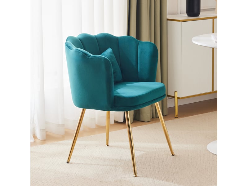  Fauteuil 58x63x77 cm, confortable, coussins papillon et dossier à pétales, pieds métalliques dorés, en tissu velours vert  - Conforama E