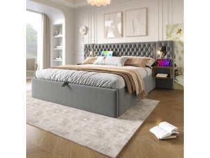 Lit coffre 160x200 cm velours gris - tête de lit led usb, tables de chevet, rangement hydraulique, matelas inclus