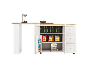 Îlot de cuisine mobile pivotant à 360° avec 3 tiroirs, mdf blanc, 203 cm
