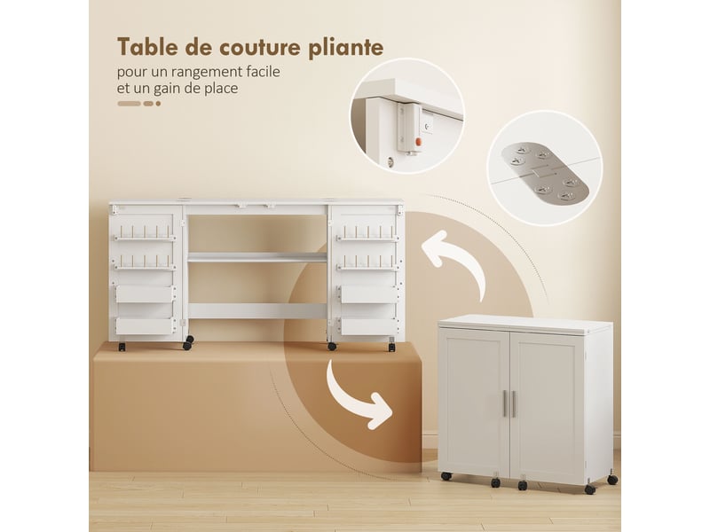  Table de couture pliante, meuble couture à roulettes, 2 portes magnétiques, 4 bacs, 20 crochets, blanc, 160x40x81,5cm  - Conforama E