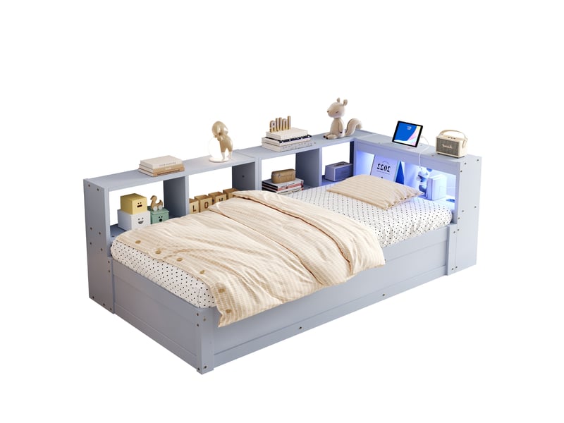 Lit banquette 90x200cm multifonction en bois massif avec prise européenne, rangements multiples, éclairage led multicolore et coffre hydraulique, gris - Conforama A