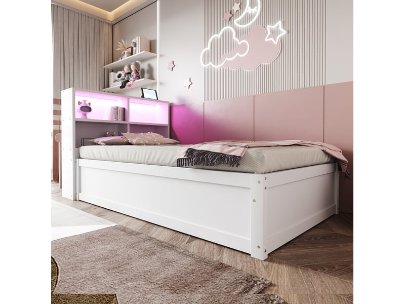  Lit multifonctionnel 90x200 cm, bois, prise, rangements et bande éclairage led, coloris blanc, sans matelas  - Conforama E