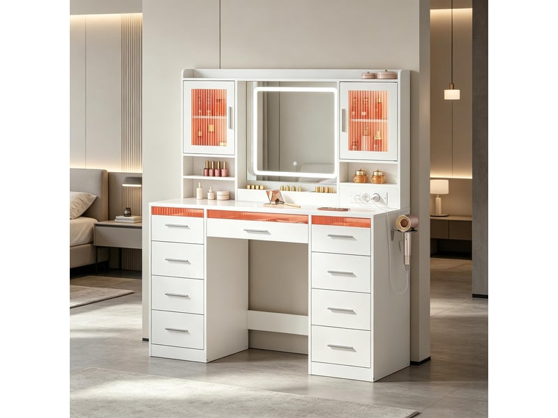  Coiffeuse moderne avec plateau en verre trempé, bureau maquillage avec rangements ouverts, meuble élégant multifonctionnel  - Conforama B