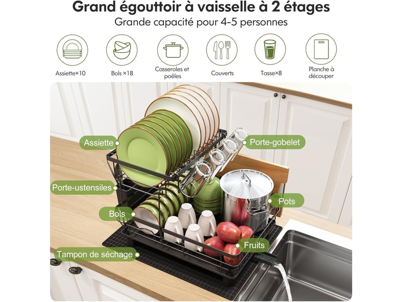  Egoutoire vaisselle cuisine 2 niveaux avec porte-gobelets et porte-ustensiles  - Conforama D