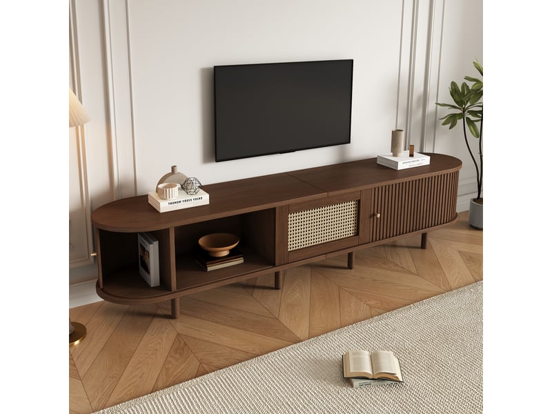  Meuble tv ovale 180 cm avec design en rotin, 2 portes, pieds réglables, noyer foncé  - Conforama C