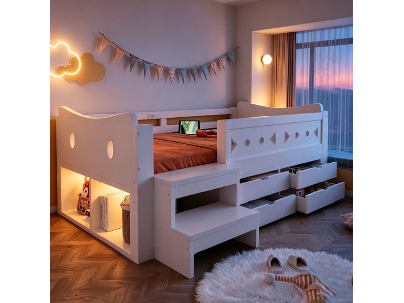  Lit simple enfant 90x200 cm – blanc – 4 tiroirs, rangements, led, usb et type-c - sans matelas  - Conforama B