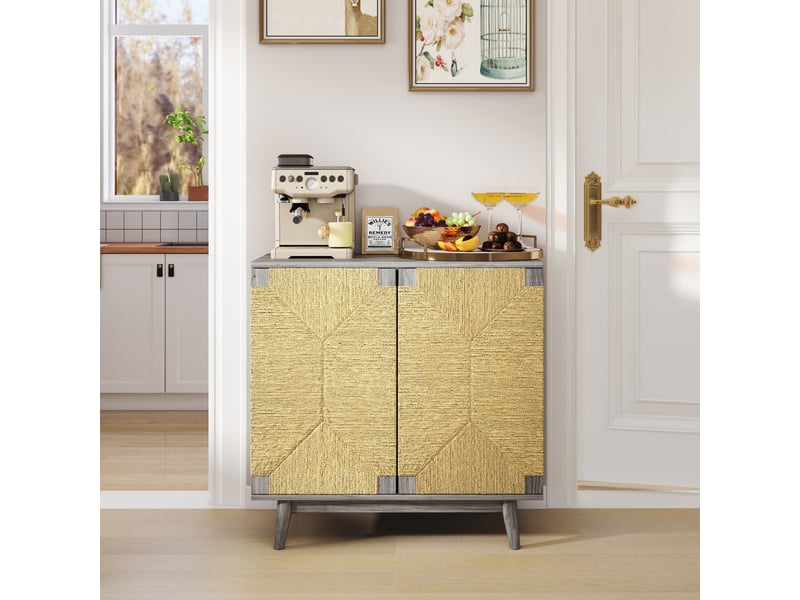  Buffet 2 portes 79x39.5x78 cm aspect frêne gris et papier tressé  - Conforama B