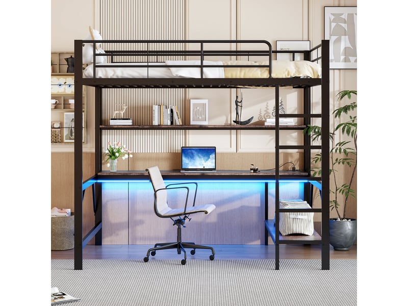  Lit mezzanine 140x200 avec bureau, lit mezzanine métal noir avec étagères, port usb et éclairage led, cadre de lit enfant  - Conforama E