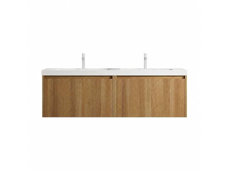  Meuble double vasque suspendu 140 cm avec 2 vasques blanches, finition bois naturel  - Conforama A
