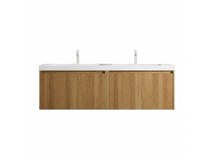 Meuble double vasque suspendu 140 cm avec 2 vasques blanches, finition bois naturel