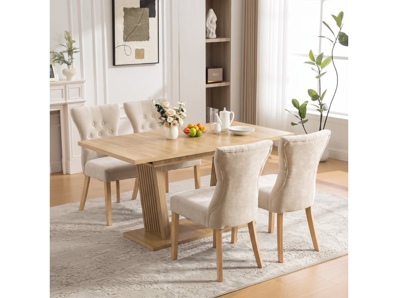  Ensemble table et 6 chaises de salle à manger – table extensible aspect bois massif brun naturel + chaises rembourrées beige en tissu chenille  - Conforama R