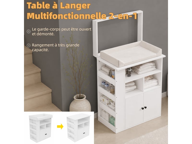 Commode à langer blanche 82 x 50 x 100 cm en mdf, poignées noires, barrière amovible et rangements multiples - Conforama E