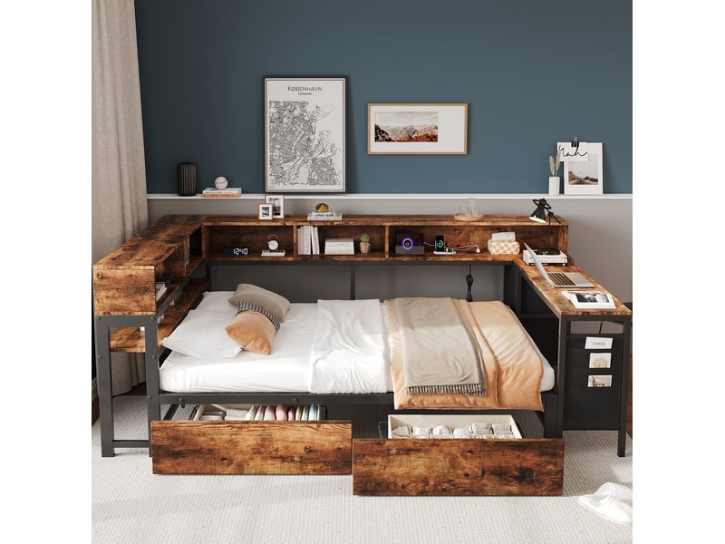  Lit simple 120 × 200 cm 1 place avec 2 tiroirs, prise de recharge et table latérale, sans matelas, noir naturel  - Conforama C