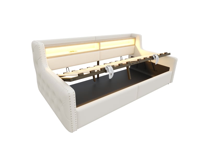 Lit banquette capitonné 90 x 200 cm, rangement hydraulique, éclairage led, sommier à lattes, beige - Conforama E