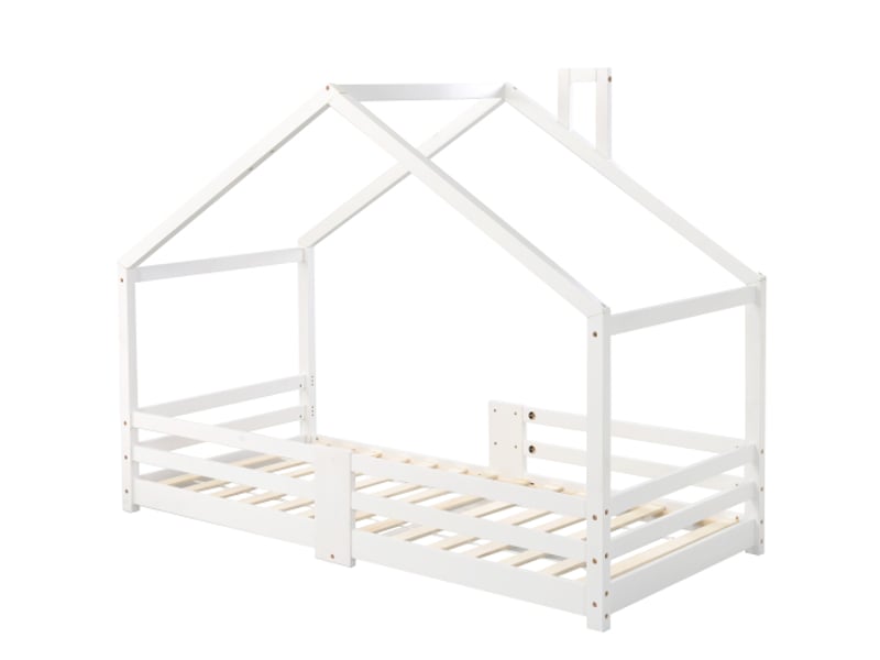 Lit enfant cabane 90 x 200 cm avec sommier, pin + mdf, blanc, sans matelas - Conforama D