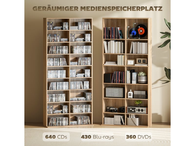  Meuble à dvd à 9 niveaux avec 18 compartiments et 14 étagères réglables, pouvant contenir 640 cd, 360 dvd ou 430 blu-ray, en bois naturel  - Conforama E