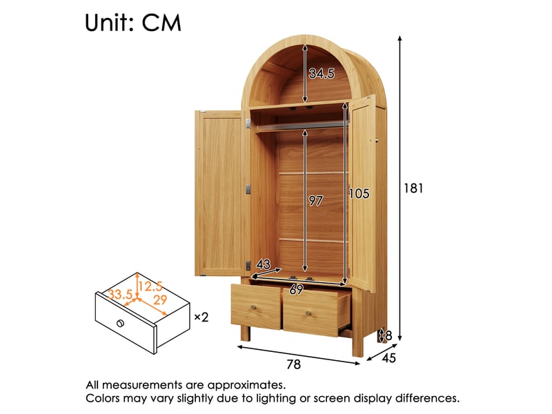  Armoire dressing 78x45x181 cm avec 2 portes effet rotin, penderie, 2 tiroirs, niche arquée ouverte, fermeture magnétique, mdf effet chêne  - Conforama D