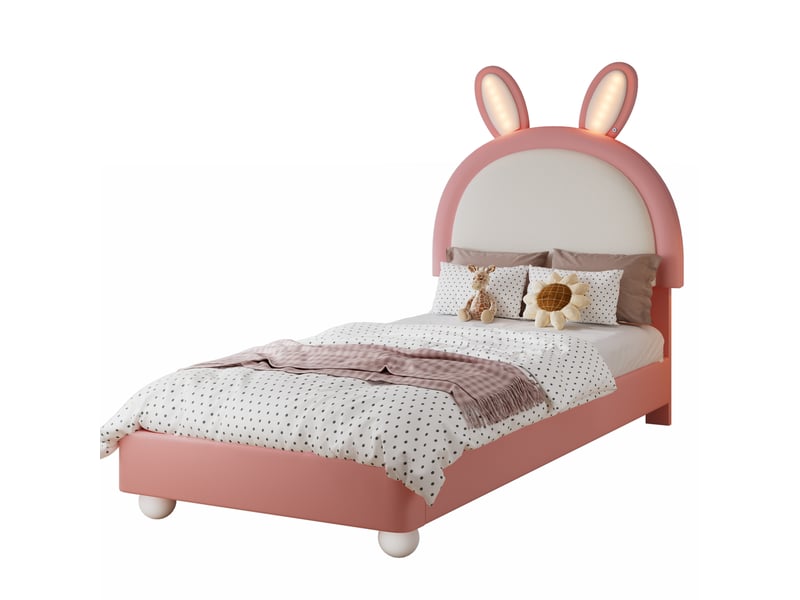  Lit enfant 90 × 200 cm 1 place avec led et bord antichoc, sans matelas, en pu rose et blanc  - Conforama A