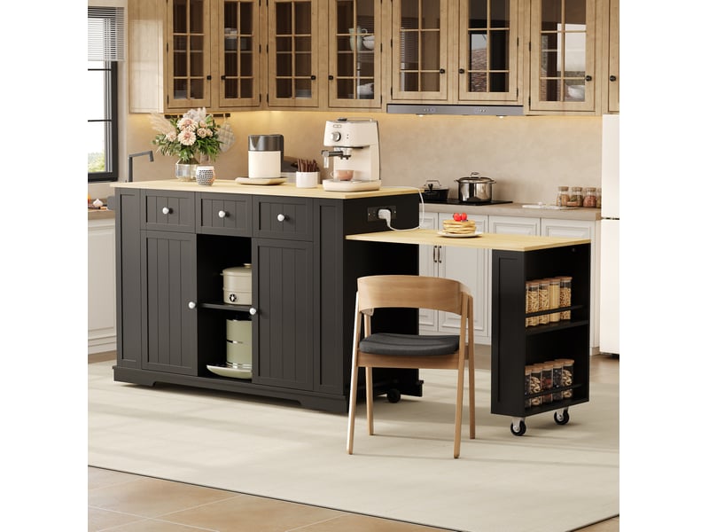  Desserte de cuisine avec table extensible, 2 portes, 2 tiroirs et prises intégrées, pour cuisine, 138 × 55 × 93 cm  - Conforama C