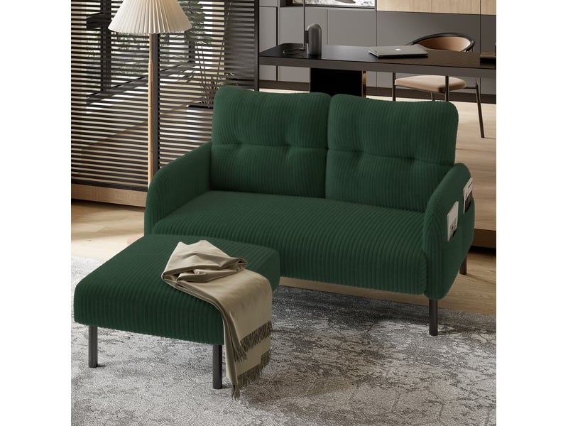  Canapé droit fixe 2 places en velours côtelé vert émeraude 120 × 75 × 79 cm, avec poche latérale pratique  - Conforama E