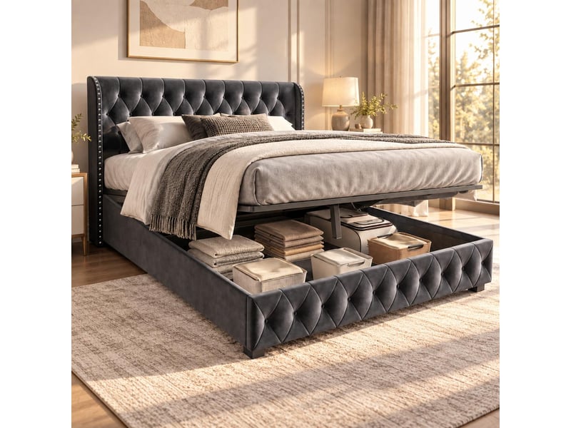  Lit coffre 140x190 cm, lit double avec sommier hydraulique relevable, tête de lit capitonnée à oreilles, rivets design classique, velours, gris foncé  - Conforama B