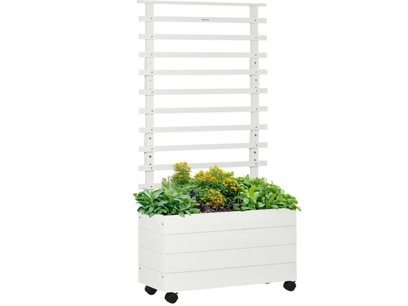 Jardinière à roulettes avec treillis 76x30x155 cm – blanche – bac de culture mobile avec freins intégrés - Conforama A