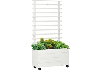 Jardinière à roulettes avec treillis 76x30x155 cm – blanche – bac de culture mobile avec freins intégrés