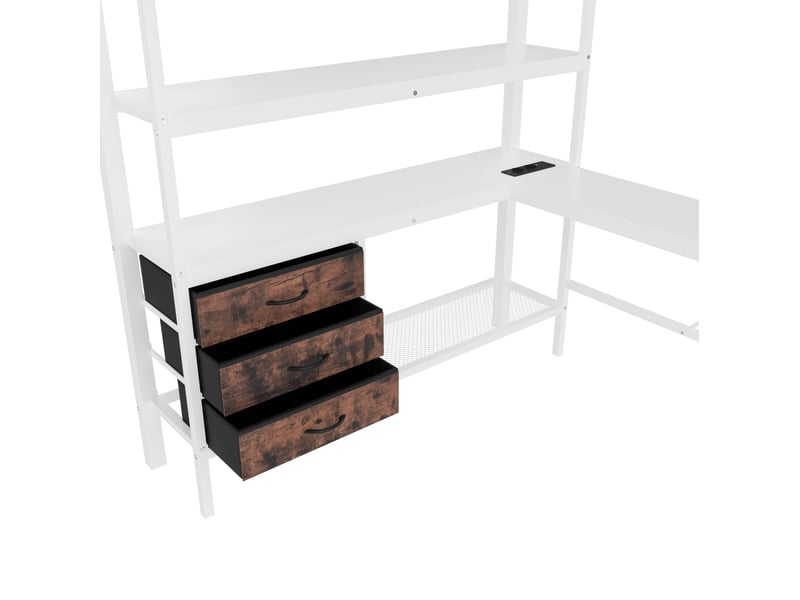  Lit mezzanine 140 x 200 cm, bureau, éclairage led, prises+usb, 3 tiroirs, garde-corps, métal mdf, blanc sans matelas  - Conforama R