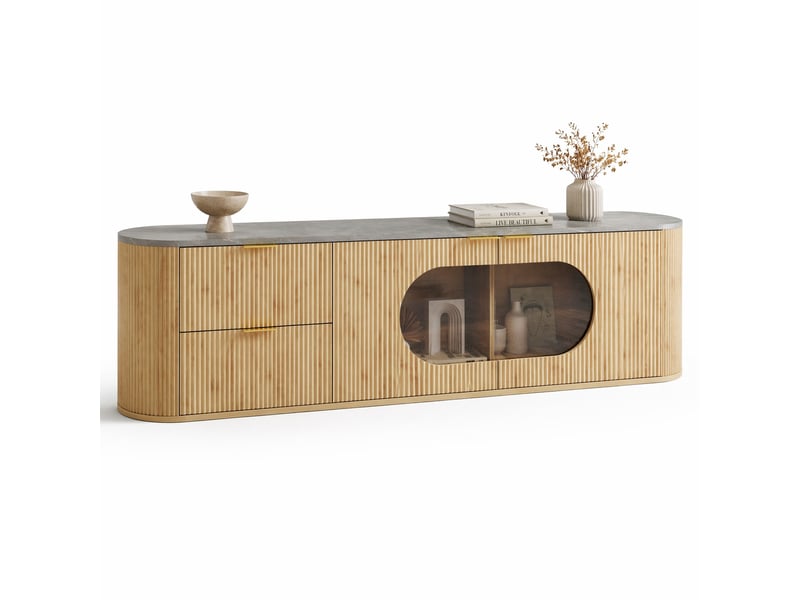  Meuble tv avec tiroirs, portes et vitrine ovale en verre gris pour salon, en mdf, 172×38×45,5 cm, naturel  - Conforama A