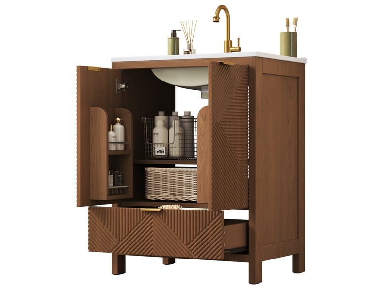  Meuble sous vasque de salle de bains 61 x 47 x 87 cm noyer, mdf et céramique, 2 portes et tiroir  - Conforama A