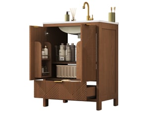 Meuble sous vasque de salle de bains 61 x 47 x 87 cm noyer, mdf et céramique, 2 portes et tiroir