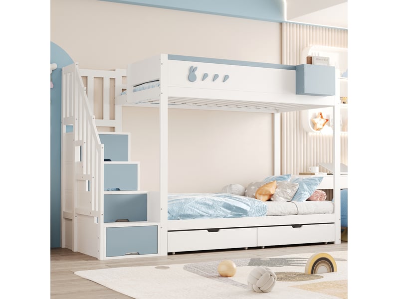  Lit superposé enfant 90x200 cm motifs lapin et carotte, rangement, chambre ludique, bois, blanc et bleu sans matelas  - Conforama D
