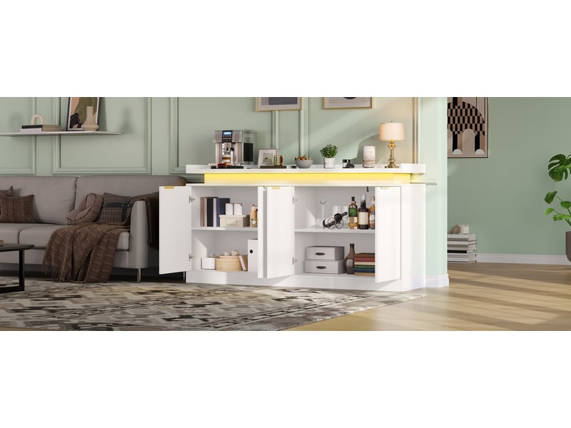  Buffet de cuisine avec 4 portes, niches ouvertes et éclairage led rgb pour salle à manger en mdf 160×39×83 cm blanc  - Conforama E