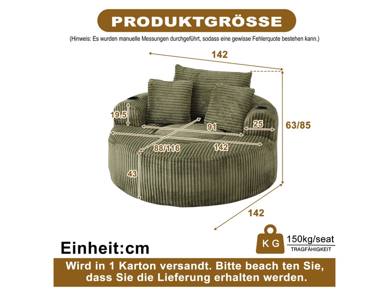 Fauteuil 2 places - 142x142x63 cm - fauteuil poire indépendant en velours côtelé avec 3 coussins et 2 porte-gobelets - vert - Conforama E