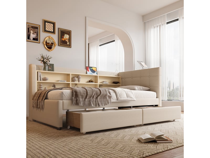 Lit banquette 1 place 200x90 cm en lin beige avec 2 tiroirs, usb, type-c et étagères, sans matelas - Conforama C