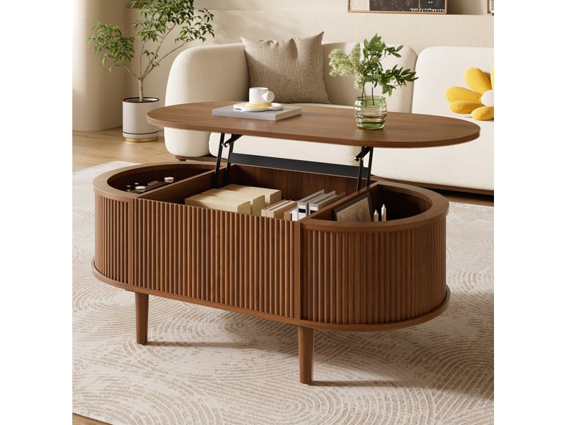  Table basse ovale relevable avec rangement compartimenté – mdf – noyer – 100 x 48 cm  - Conforama B
