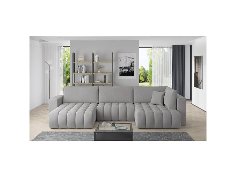  Canapé d'angle bonita convertible 6 places gris clair effet velours – gauche – 350x175cm  - Conforama B